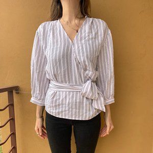 Calvin Klein black and white striped wrap blouse.